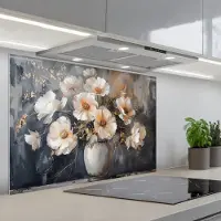 KitchenYeah Spatscherm 80x55 cm - Zelfklevende achterwand Bloemen - Wit - Vaas - Modern - Keuken muurbeschermer - Spatwand fornuis