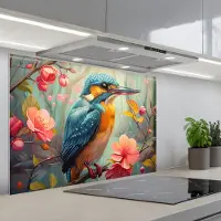 KitchenYeah Spatscherm 90x60 cm - Zelfklevende achterwand IJsvogel - Bloesem - Natuur - Vogels - Bloemen - Keuken muurbeschermer - Spatwand fornuis