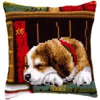 Vervaco - Kruissteekkussen kit - Slapende hond in boekenrek - PN-0148118 - Borduren - Borduurpakket - Borduurpakket volwassenen - Borduurpakket kind