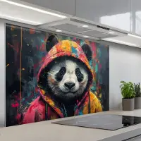 KitchenYeah Spatscherm 120x80 cm - Zelfklevende achterwand Graffiti - Panda - Jas - Kleurrijk - Street art - Keuken muurbeschermer - Spatwand fornuis