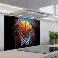KitchenYeah Spatscherm 90x70 cm - Zelfklevende achterwand Graffiti - Basketbal - Sport - Zwart - Street art - Keuken muurbeschermer - Spatwand fornuis