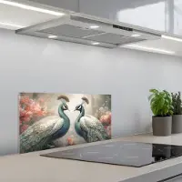 KitchenYeah Spatscherm 70x30 cm - Zelfklevende achterwand Pauwen - Pauwenveren - Vogels - Bloemen - Natuur - Keuken muurbeschermer - Spatwand fornuis