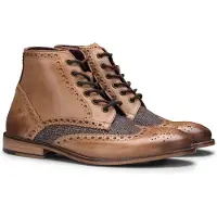 London Brogues Heren klassieke Oxford Tan lederen Gatsby brogue enkellaarzen met tweed