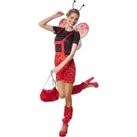 Dressforfun – Marina Lieveheersbeestje Kostuum – Maat S – Rood & Zwart Polyester – Gestippelde Tuinbroek & T-shirt – Inclusief Beenwarmers & Haarsieraad – Carnavalskleding voor Dames