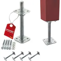 Sotech set van 4 paaldragers 80 x 80 x 250 mm schroefdraad M24 staal thermisch verzinkt draagbeugel in hoogte verstelbare paalvoet om vast te schroeven weerbestendig