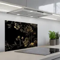 KitchenYeah Spatscherm 70x50 cm - Zelfklevende achterwand Bloemen - Zwart - Goud - Line art - Keuken muurbeschermer - Spatwand fornuis