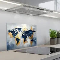 KitchenYeah Spatscherm 60x45 cm - Zelfklevende achterwand Wereldkaart - Blauw - Abstract - Keuken muurbeschermer - Spatwand fornuis