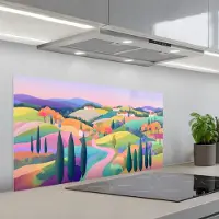 KitchenYeah Spatscherm 100x50 cm - Zelfklevende achterwand Landschap - Paars - Pastel - Huizen - Keuken muurbeschermer - Spatwand fornuis