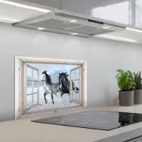 KitchenYeah Spatscherm 60x40 cm - Zelfklevende achterwand Doorkijk - Paarden - Winter - Dieren - Natuur - Wit - Keuken muurbeschermer - Spatwand fornuis