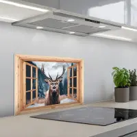 KitchenYeah Spatscherm 60x40 cm - Zelfklevende achterwand Doorkijk - Hert - Dieren - Winterlandschap - Sneeuw - Keuken muurbeschermer - Spatwand fornuis