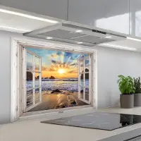 KitchenYeah Spatscherm 90x70 cm - Zelfklevende achterwand Strand - Doorkijk - Zonsondergang - Landschap - Zee - Natuur - Keuken muurbeschermer - Spatwand fornuis