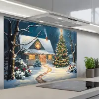 KitchenYeah Spatscherm 120x80 cm - Zelfklevende achterwand Kerst - Kerstboom - Winter - Huis - Sneeuw - Keuken muurbeschermer - Spatwand fornuis