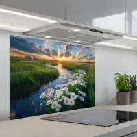 KitchenYeah Spatscherm 80x60 cm - Zelfklevende achterwand Beekje - Landschap - Margriet - Keuken muurbeschermer - Spatwand fornuis