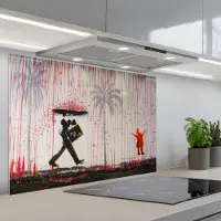 KitchenYeah Spatscherm 80x55 cm - Zelfklevende achterwand Regen - Graffiti - Man - Banksy Style - Keuken muurbeschermer - Spatwand fornuis