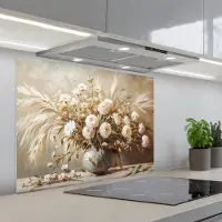 KitchenYeah Spatscherm 80x60 cm - Zelfklevende achterwand Bloemen - Vaas - Stilleven - Beige - Keuken muurbeschermer - Spatwand fornuis