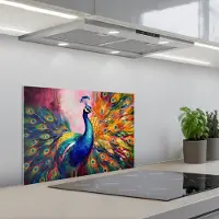 KitchenYeah Spatscherm 60x40 cm - Zelfklevende achterwand Pauw - Dieren - Schilderij - Regenboog - Keuken muurbeschermer - Spatwand fornuis