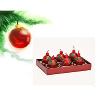 Wurm Theelicht set kerstbal - 4x5x4cm - gemaakt van was - set van 6 - rood met groen-