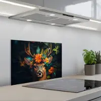 KitchenYeah Spatscherm 60x40 cm - Zelfklevende achterwand Hert - Bloemen - Natuur - Botanisch - Dier - Keuken muurbeschermer - Spatwand fornuis