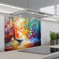 KitchenYeah Spatscherm 80x60 cm - Zelfklevende achterwand Kleurrijk - Olieverf - Water - Boot - Keuken muurbeschermer - Spatwand fornuis