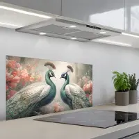 KitchenYeah Spatscherm 90x45 cm - Zelfklevende achterwand Pauwen - Pauwenveren - Vogels - Bloemen - Natuur - Keuken muurbeschermer - Spatwand fornuis