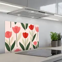 KitchenYeah Spatscherm 70x50 cm - Zelfklevende achterwand Tulpen - Modern - Roze - Keuken muurbeschermer - Spatwand fornuis
