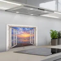 KitchenYeah Spatscherm 60x40 cm - Zelfklevende achterwand Doorkijk - Zee - Strand - Zonsondergang - Blauw - Keuken muurbeschermer - Spatwand fornuis