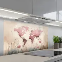 KitchenYeah Spatscherm 120x60 cm - Zelfklevende achterwand Wereldkaart - Roze - Bloemen - Keuken muurbeschermer - Spatwand fornuis