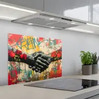 KitchenYeah Spatscherm 70x50 cm - Zelfklevende achterwand Graffiti - Rozen - Handen - Street art - Keuken muurbeschermer - Spatwand fornuis