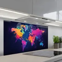 KitchenYeah Spatscherm 120x60 cm - Zelfklevende achterwand Wereldkaart - Kleurrijk - Graffiti - Keuken muurbeschermer - Spatwand fornuis