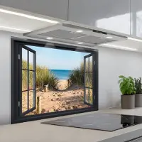 KitchenYeah Spatscherm 90x70 cm - Zelfklevende achterwand Doorkijk - Strand - Zee - Zand - Water - Helmgras - Duinen - Keuken muurbeschermer - Spatwand fornuis