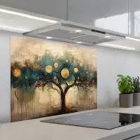 KitchenYeah Spatscherm 90x70 cm - Zelfklevende achterwand Boom - Abstract - Bruin - Goud - Industrieel - Keuken muurbeschermer - Spatwand fornuis