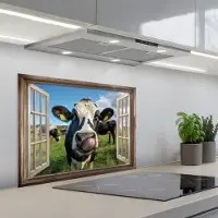 KitchenYeah Spatscherm 70x50 cm - Zelfklevende achterwand Doorkijk - Koe - Weiland - Dieren - Natuur - Keuken muurbeschermer - Spatwand fornuis