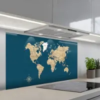KitchenYeah Spatscherm 120x60 cm - Zelfklevende achterwand Wereldkaart - Donkerblauw - Beige - Keuken muurbeschermer - Spatwand fornuis