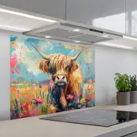 KitchenYeah Spatscherm 90x70 cm - Zelfklevende achterwand Schotse hooglander - Natuur - Kleurrijk - Bloemen - Keuken muurbeschermer - Spatwand fornuis
