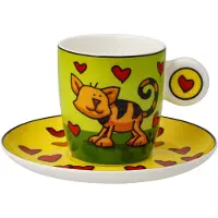 Goebel - Ed Heck | Kop en schotel Espresso Love Cat | Porselein - 12cm - 100ml - 2 stuks