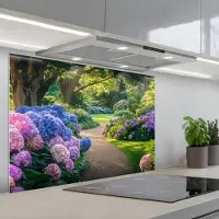 KitchenYeah Spatscherm 80x55 cm - Zelfklevende achterwand Hortensia- Park - Pad - Keuken muurbeschermer - Spatwand fornuis
