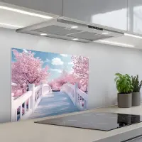 KitchenYeah Spatscherm 70x50 cm - Zelfklevende achterwand Brug - Kersenbomen - Wit - Keuken muurbeschermer - Spatwand fornuis