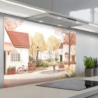 KitchenYeah Spatscherm 120x80 cm - Zelfklevende achterwand Dorpsplein - Fontein - Tulpen - Keuken muurbeschermer - Spatwand fornuis