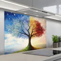 KitchenYeah Spatscherm 100x75 cm - Zelfklevende achterwand Boom - Kunst - Seizoenen - Herfst - Keuken muurbeschermer - Spatwand fornuis