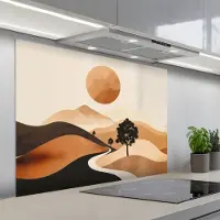 KitchenYeah Spatscherm 100x75 cm - Zelfklevende achterwand Zon - Heuvels - Boom - Abstract - Keuken muurbeschermer - Spatwand fornuis