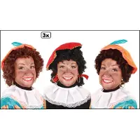 Partyxplosion 3x Luxe Piet pruik verstelbare kap assortie - bruin kroes/zwart staartjes/ zwart-bruin kroes - Sinterklaas Pieten 5 december