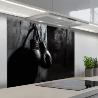 KitchenYeah Spatscherm 100x75 cm - Zelfklevende achterwand Bokshandschoenen - Muur - Duister - Zwart - Keuken muurbeschermer - Spatwand fornuis