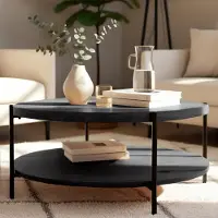 CLP Edduma Salontafel - rond - met opbergruimte - hout - bijzettafel - met 2 niveaus - klein zwart metalen frame - 80 cm grijs