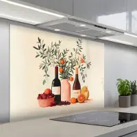 KitchenYeah Spatscherm 100x75 cm - Zelfklevende achterwand Wijnflessen - Takken - Sinaasappels - Keuken muurbeschermer - Spatwand fornuis