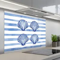 KitchenYeah Spatscherm 100x75 cm - Zelfklevende achterwand Vier schelpen - Blauw - Wit - Strepen - Keuken muurbeschermer - Spatwand fornuis