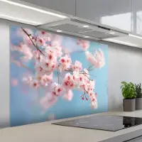 KitchenYeah Spatscherm 100x75 cm - Zelfklevende achterwand Takken - Bloesems - Roze - Keuken muurbeschermer - Spatwand fornuis
