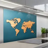 KitchenYeah Spatscherm 100x75 cm - Zelfklevende achterwand Hout - Blauw - Wereldkaart - Keuken muurbeschermer - Spatwand fornuis