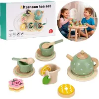 Springos Houten kookspel - - Ontbijtset 14-delig - Dienblad, theepot, kopjes - Voor kinderen 3+
