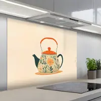 KitchenYeah Spatscherm 100x75 cm - Zelfklevende achterwand Oranje - Theepot - Bloemen - Bladeren - Keuken muurbeschermer - Spatwand fornuis