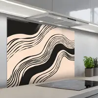 KitchenYeah Spatscherm 100x75 cm - Zelfklevende achterwand Golven - Zwart - Zandkleur - Keuken muurbeschermer - Spatwand fornuis
